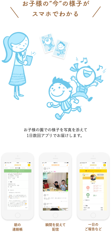 お子様の保育園での様子がスマホアプリで確認できます。